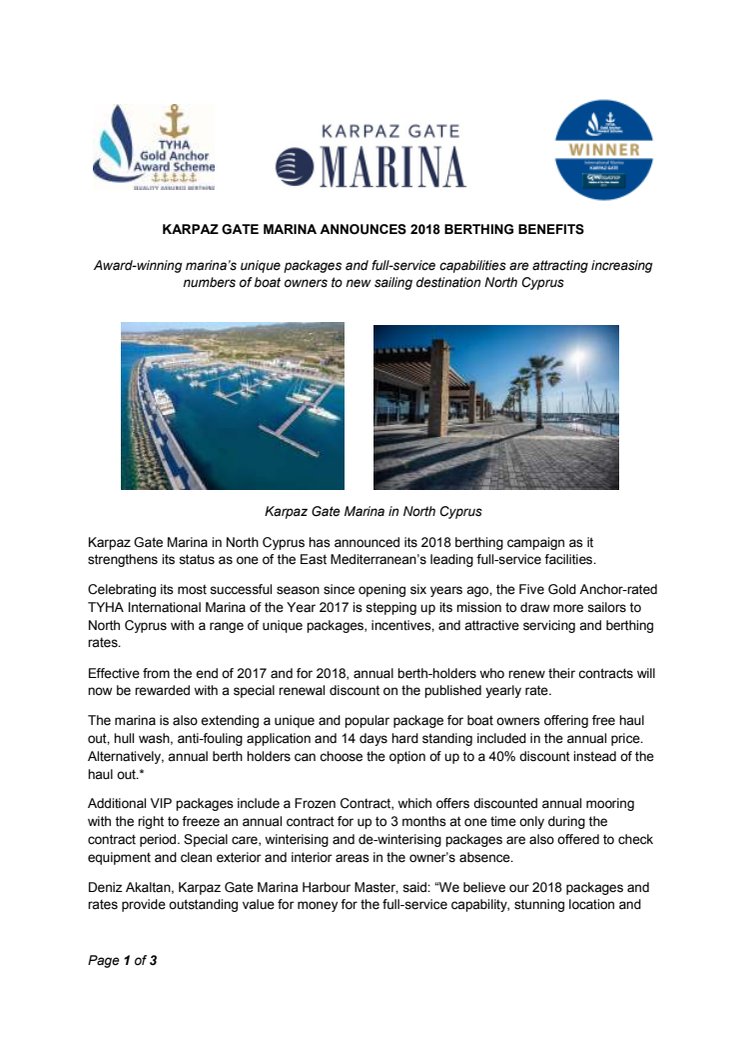Karpaz Gate Marina Announces 2018 Berthing Benefits