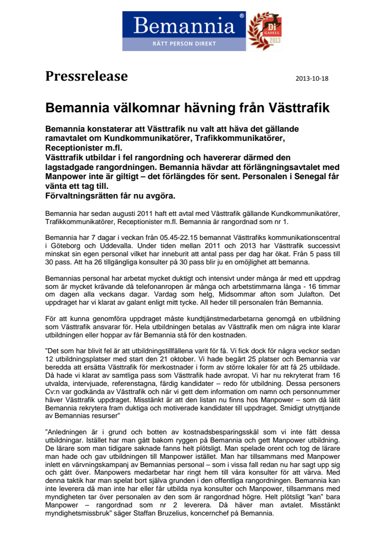 Bemannia välkomnar hävning från Västtrafik