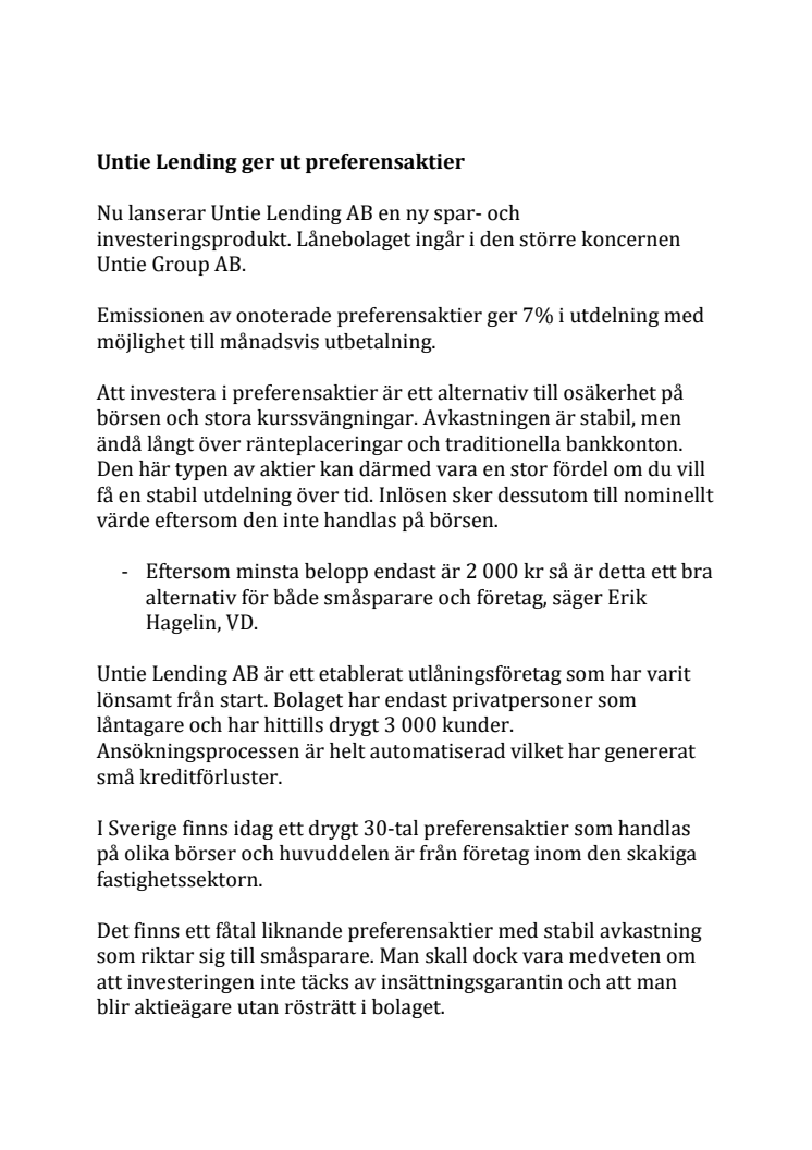 Untie Lending AB ger ut preferensaktier