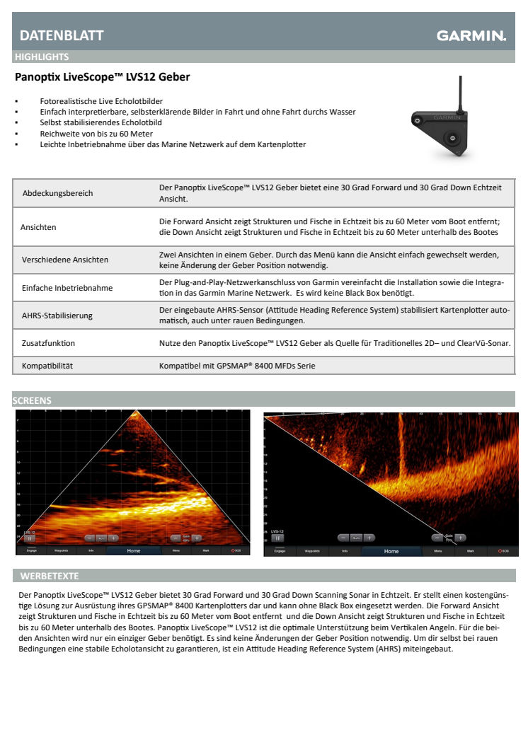 Datenblatt Garmin Panoptix LiveScope LVS12