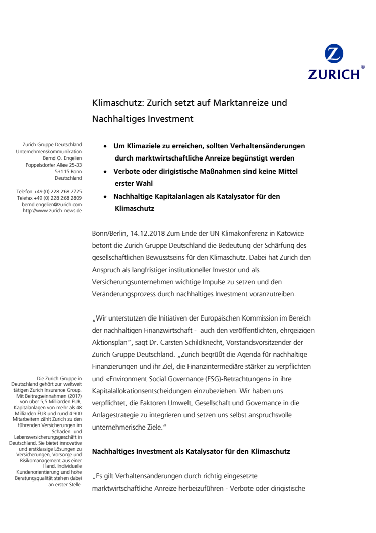 Klimaschutz: Zurich setzt auf Marktanreize und Nachhaltiges Investment