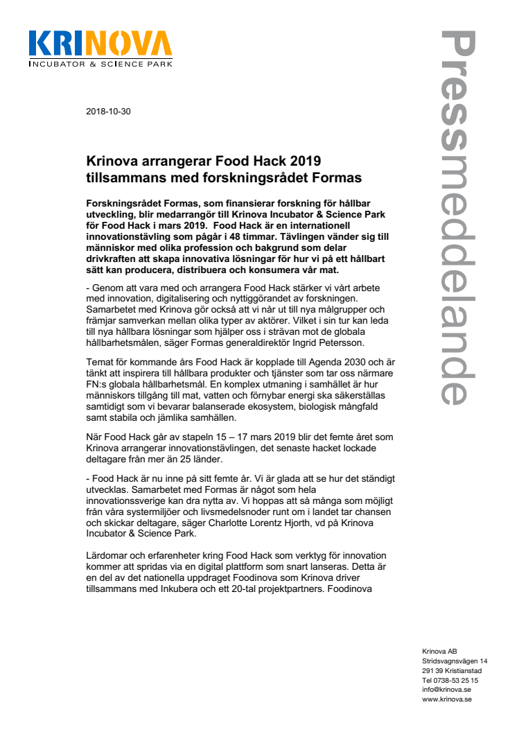 Krinova arrangerar Food Hack 2019 tillsammans med forskningsrådet Formas 