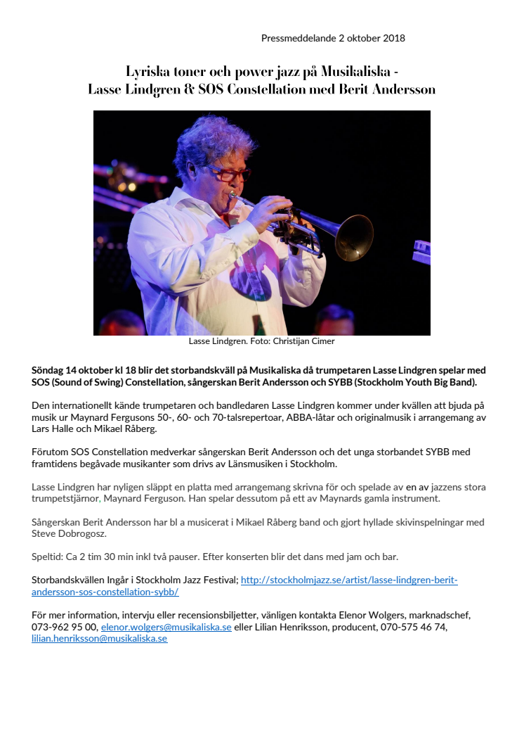 Lyriska toner och powerjazz på Musikaliska - Lasse Lindgren, SOS Constallation med Berit Andersson