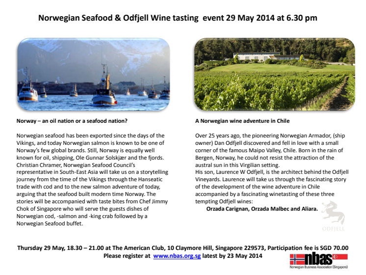 Norwegian fish and Odfjell wine tasting event 29 May 2014 18.30 at The American Club
