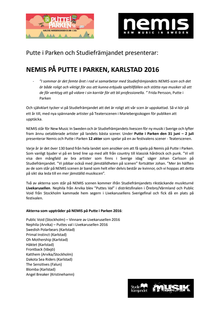 12 nya artister till Putte i Parken i Karlstad