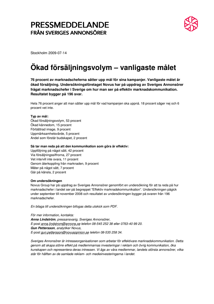 Ökad försäljningsvolym - vanligaste målet