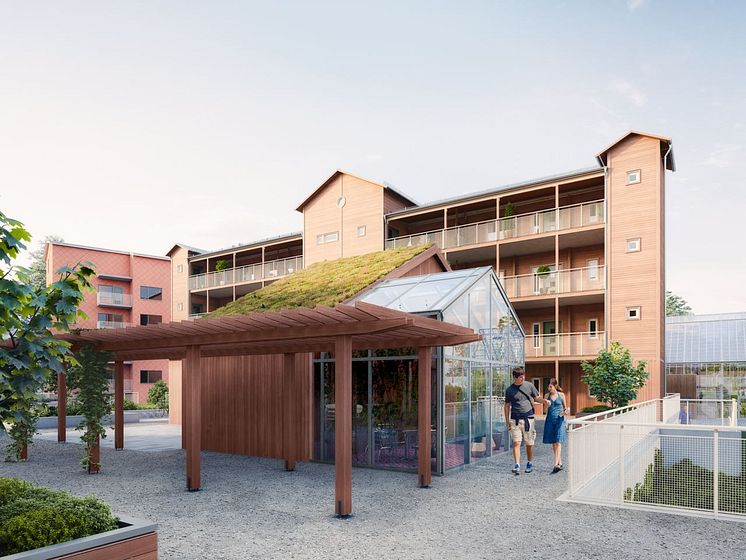 Brf Växthuset - 3D-bild av flerbostadshus och litet växthus. 