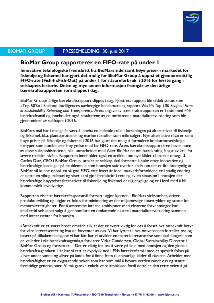 BioMar Group rapporterer en FIFO-rate på under 1