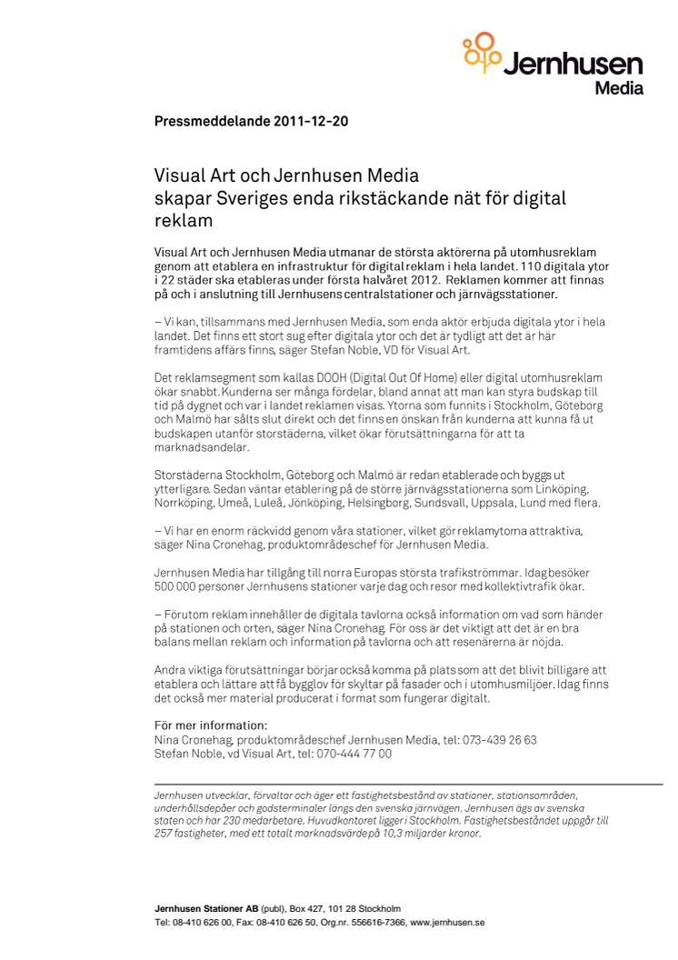 Visual Art och Jernhusen Media skapar Sveriges enda rikstäckande nät för digital reklam