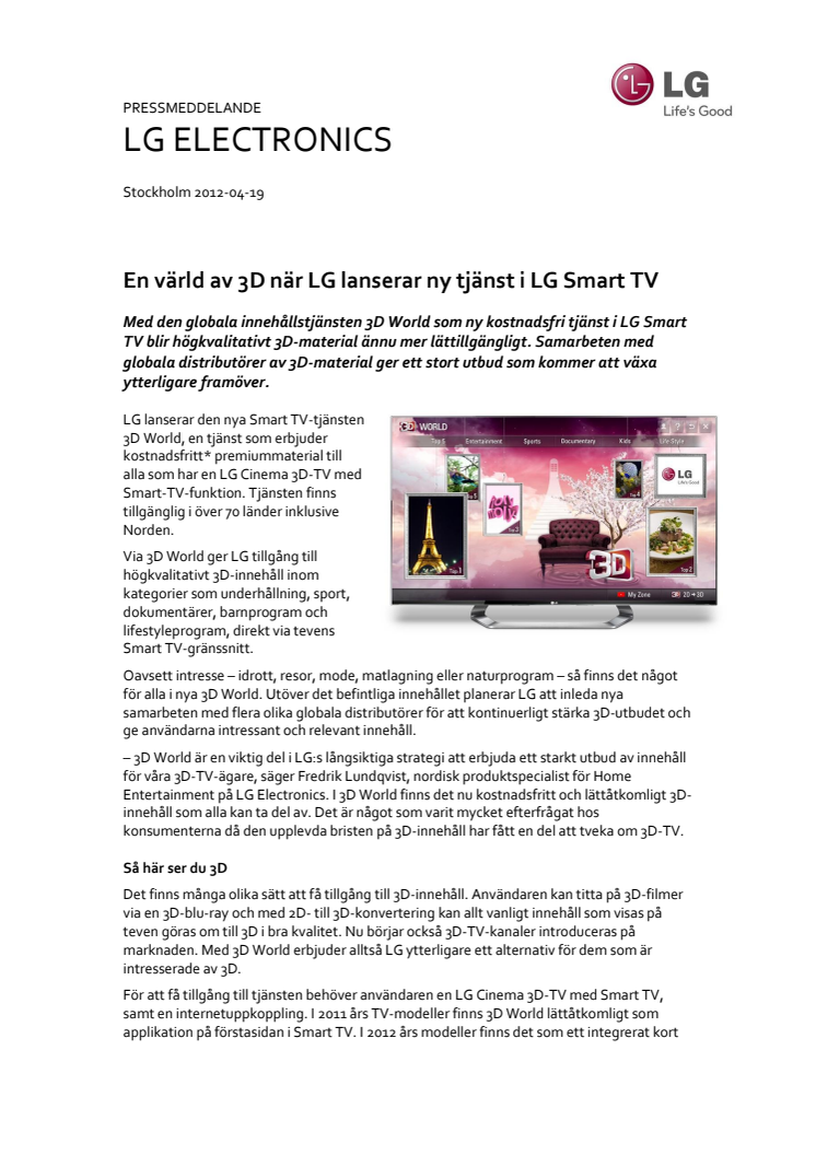 En värld av 3D när LG lanserar ny tjänst i LG Smart TV