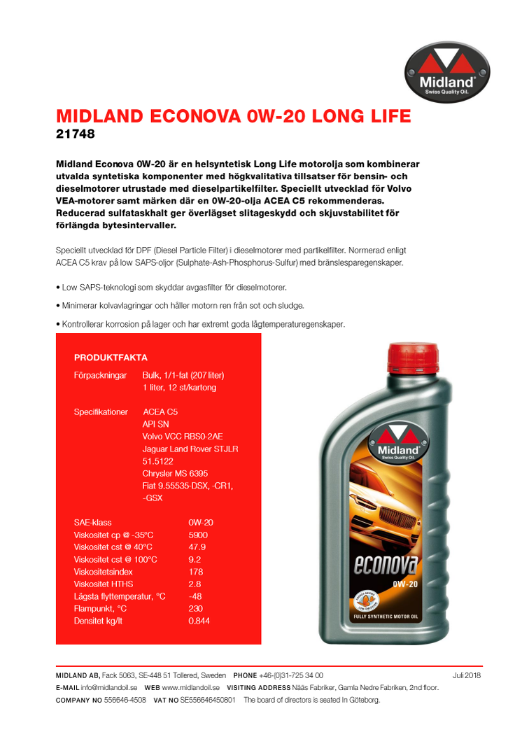 Midland produktnytt: Uppdatering för Econova 0W-20 och Axxept 5W-30.