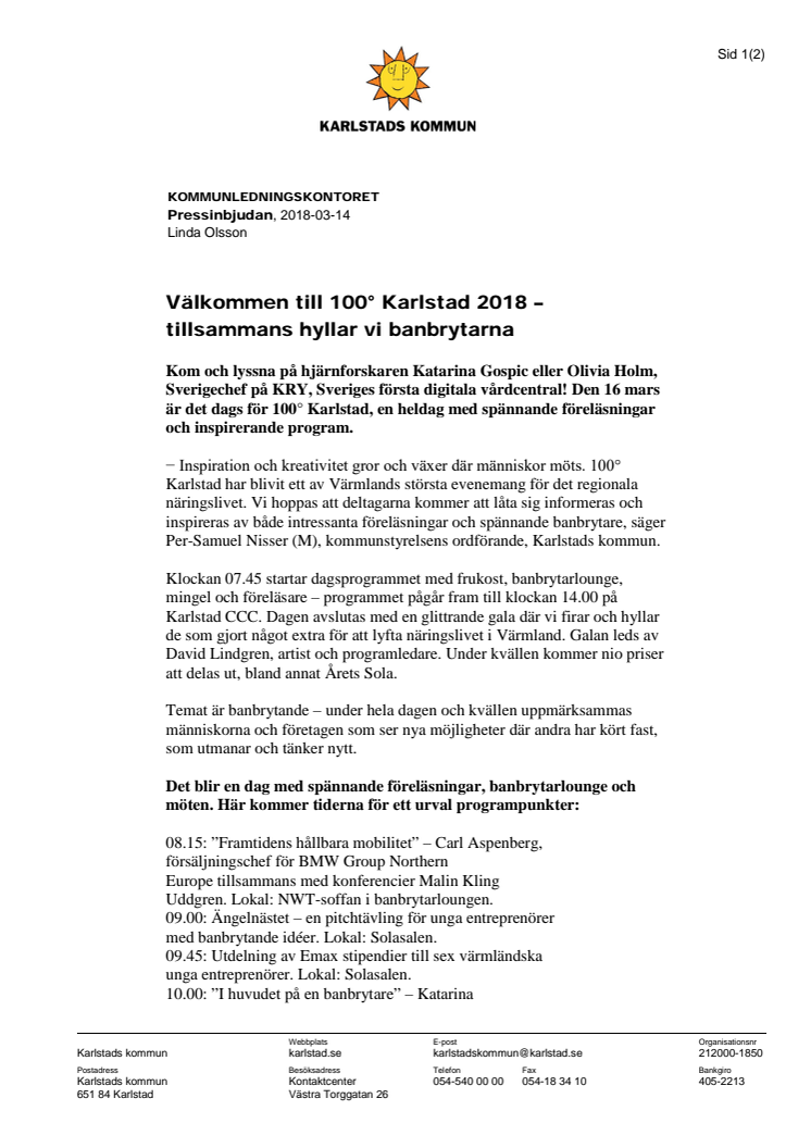 Pressinbjudan: Välkommen till 100° Karlstad 2018 – tillsammans hyllar vi banbrytarna