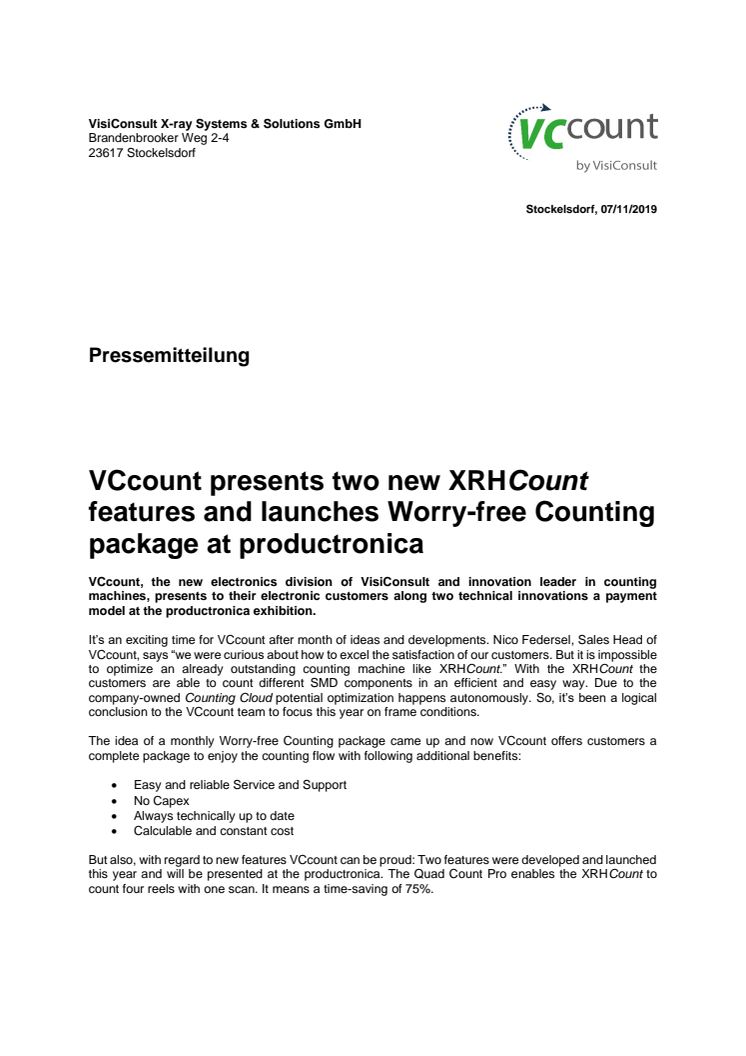 VCcount presents two new XRHCount features and launches Worry-free Counting package at productronica