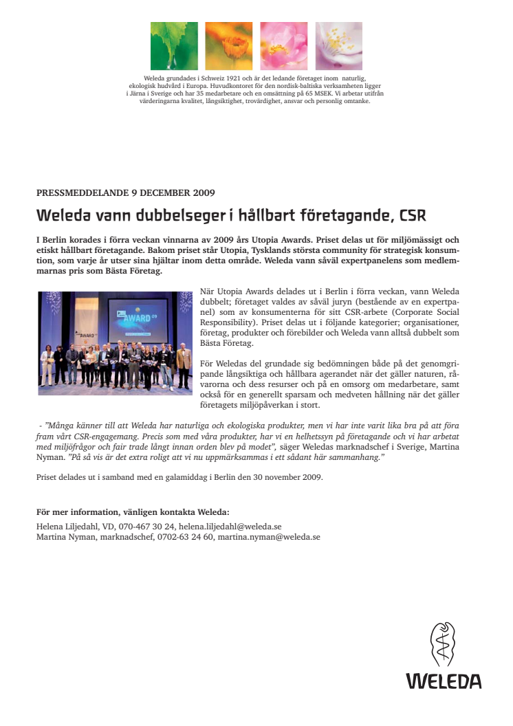 Weleda vann dubbelseger i hållbart företagande, CSR