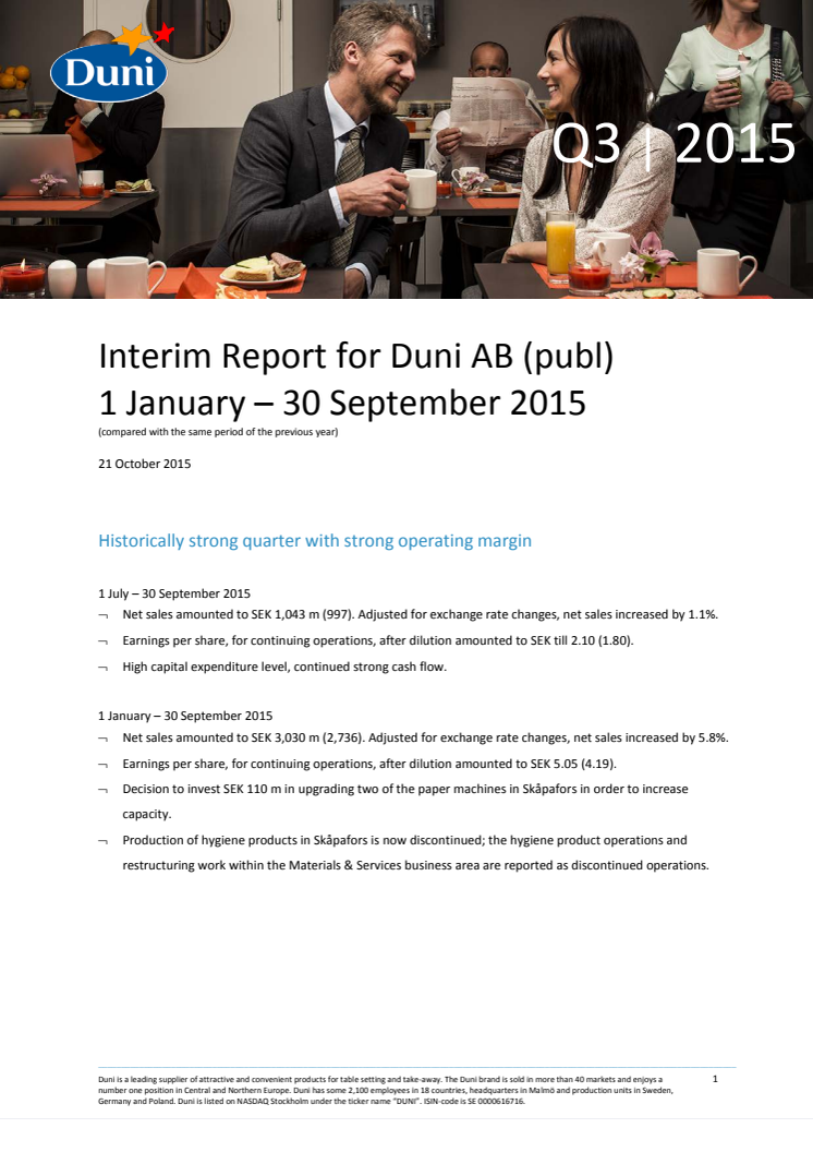 Interim Report for Duni AB (publ) 1 January – 30 September 2015