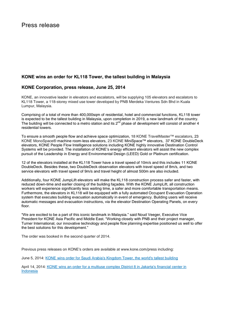 KONE wins an order for KL118 Tower, the tallest building in Malaysia