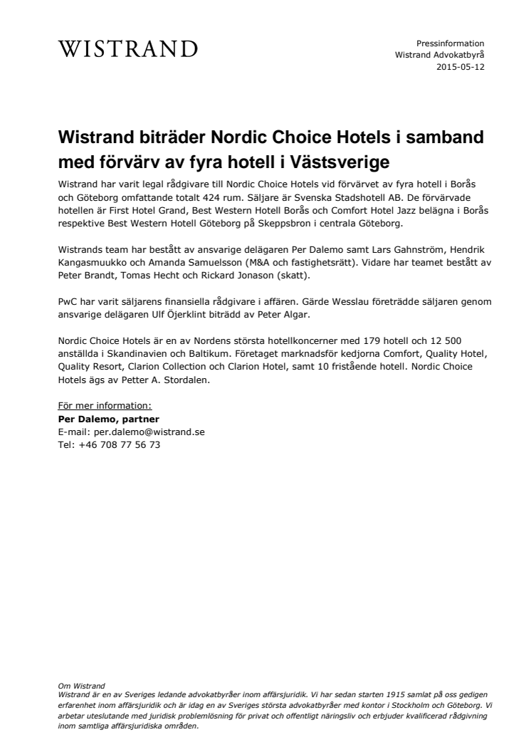 ​Wistrand biträder Nordic Choice Hotels i samband med förvärv av fyra hotell i Västsverige