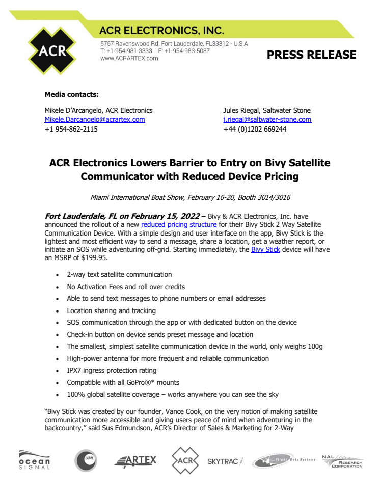 Feb 15 2022_Miami - ACR Electronics Lowers Barrier to Entry on Bivy Satellite Communicator with Reduced Device Pricing.pdf