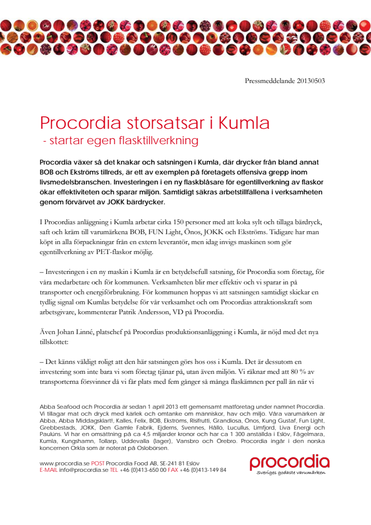 Procordia storsatsar i Kumla  - startar egen flasktillverkning