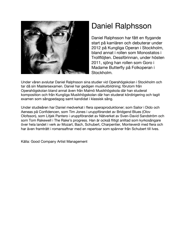 Singer Biography: Daniel Ralphsson, tenor (in Swedish)