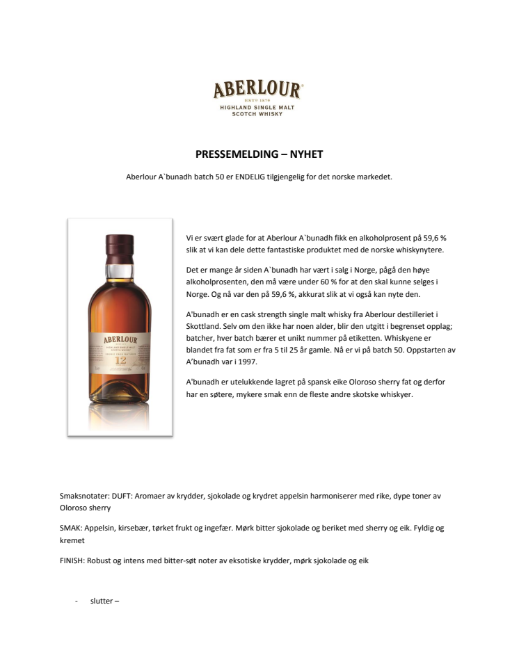 Aberlour A`bunadh er ENDELIG tilgjengelig for det norske markedet. 