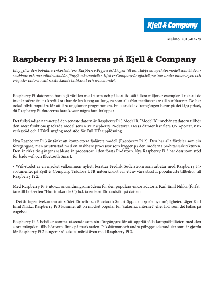 Raspberry Pi 3 lanseras på Kjell & Company