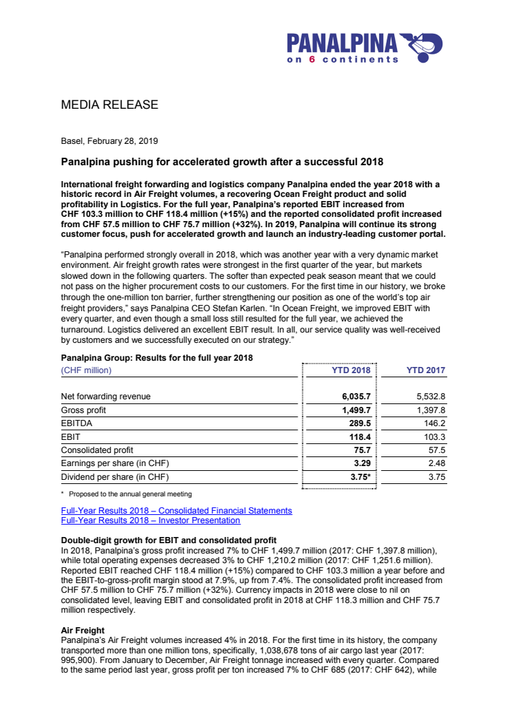 Panalpina pushing for accelerated growth after a successful 2018