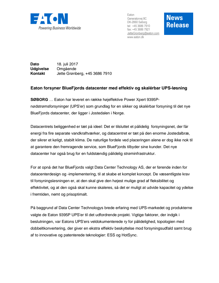 Eaton forsyner BlueFjords datacenter med effektiv og skalérbar UPS-løsning