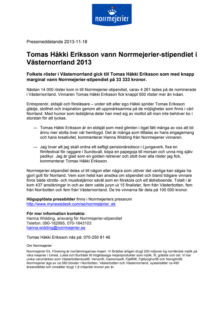 Tomas Håkki Eriksson vann Norrmejerier-stipendiet i Västernorrland 2013