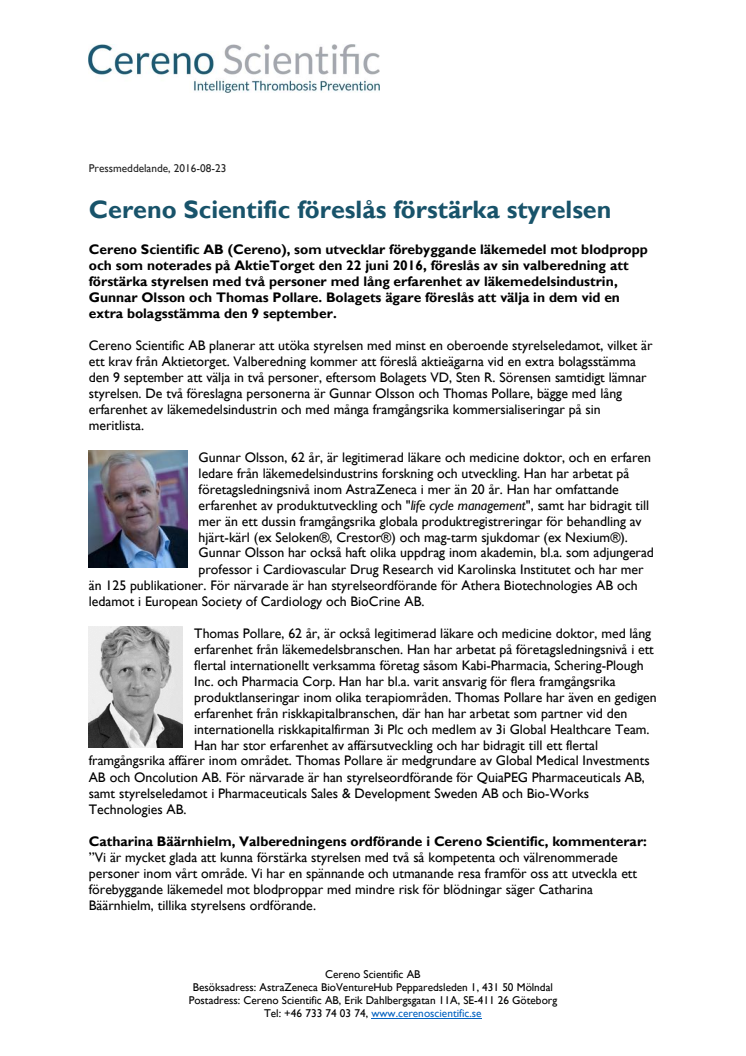 Cereno Scientific föreslås förstärka styrelsen 