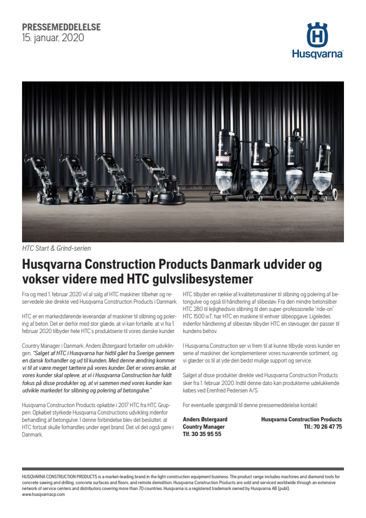 Husqvarna Construction Products Danmark udvider og vokser videre med HTC gulvslibesystemer