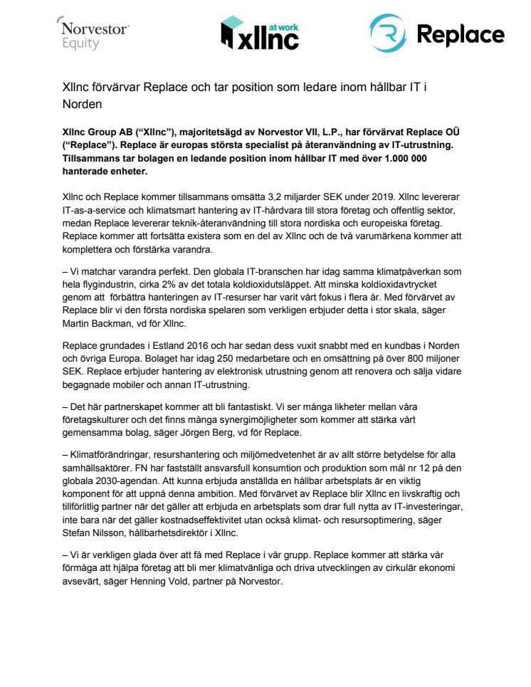 Xllnc förvärvar Replace och tar position som ledare inom hållbar IT i Norden