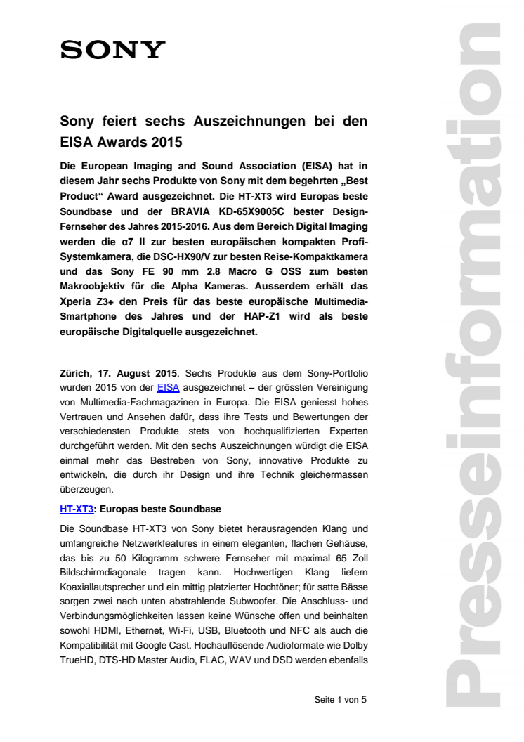 Sony feiert sechs Auszeichnungen bei den EISA Awards 2015