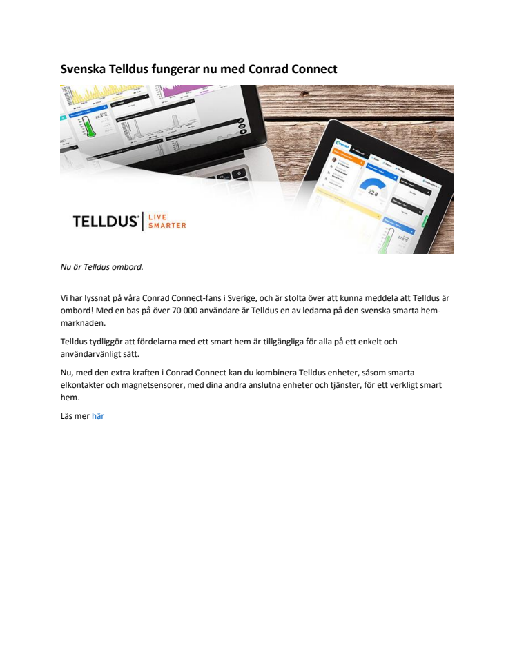 Svenska Telldus fungerar nu med Conrad Connect
