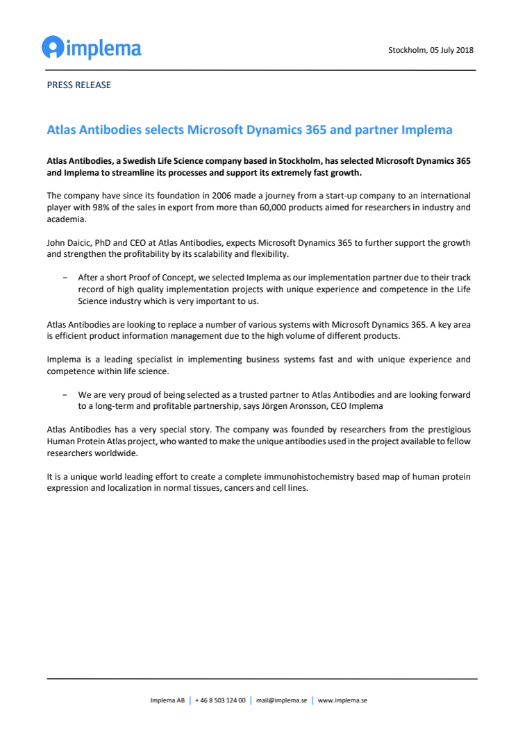 ​Atlas Antibodies selects Microsoft Dynamics 365 and partner Implema