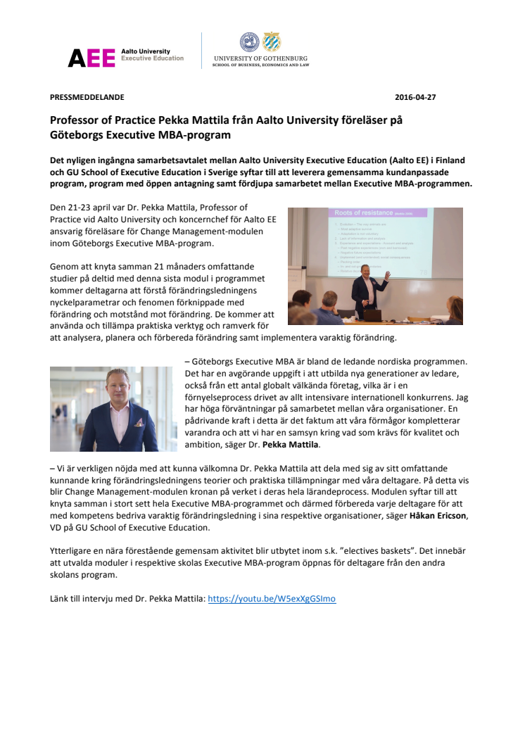 Professor of Practice Pekka Mattila från Aalto University föreläser på  Göteborgs Executive MBA-program