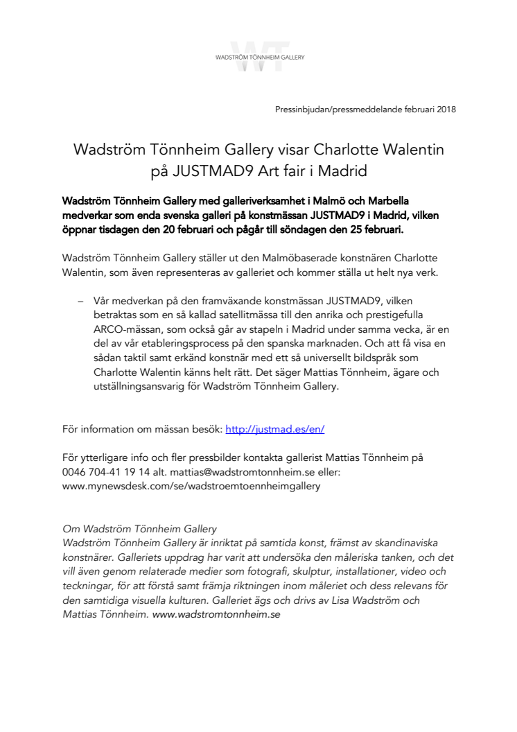 Wadström Tönnheim Gallery visar Charlotte Walentin  på JUSTMAD9 Art fair i Madrid