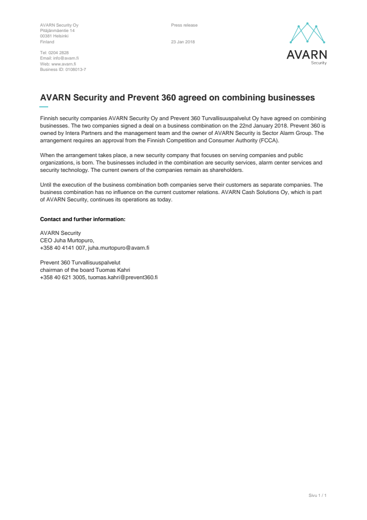 AVARN Security ja Prevent 360 Turvallisuuspalvelut sopivat yhdistymisestä