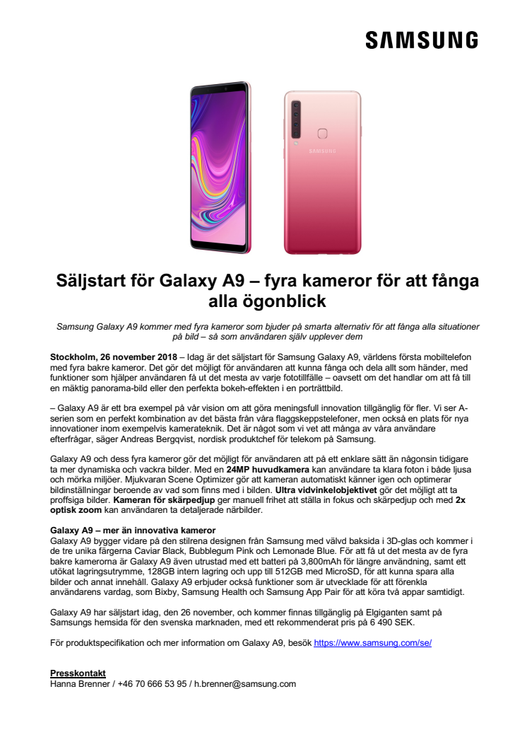 Säljstart för Galaxy A9 – fyra kameror för att fånga alla ögonblick