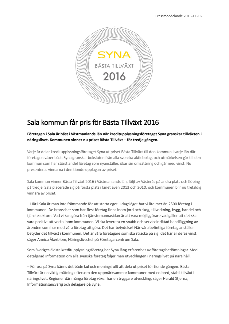 Sala kommun får pris för Bästa Tillväxt 2016