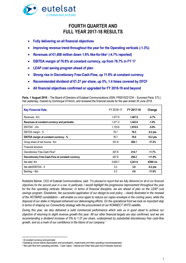 EUTELSAT COMMUNICATIONS  FOURTH QUARTER AND FULL YEAR 2017-18 RESULTS