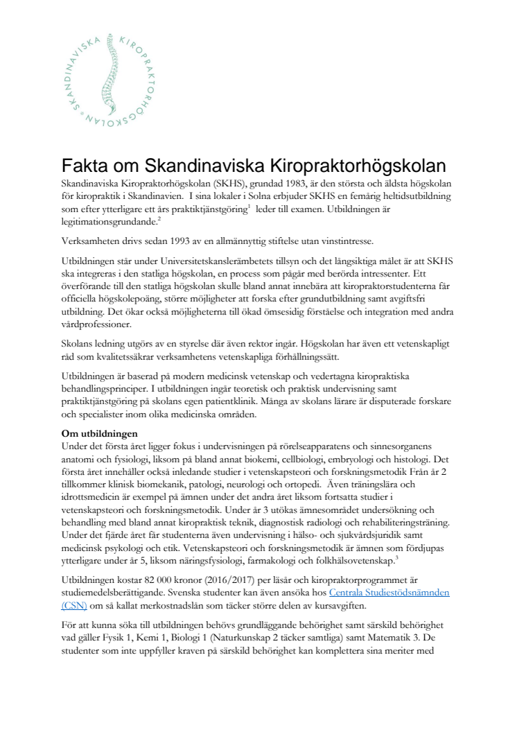Fakta om Skandinaviska Kiropraktorhögskolan