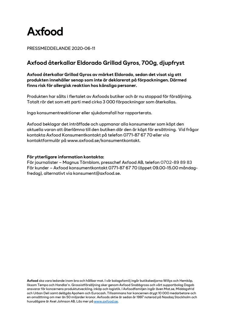 Axfood återkallar Eldorado Grillad Gyros, 700g, djupfryst
