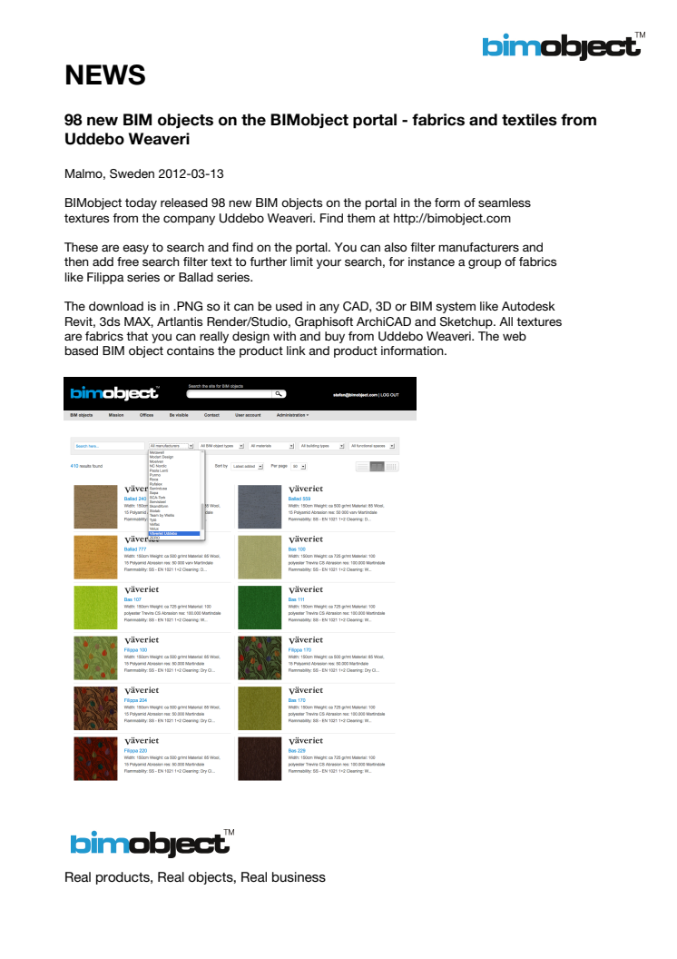 98 new BIM objects on the BIMobject portal - fabrics and textiles from Uddebo Weaveri