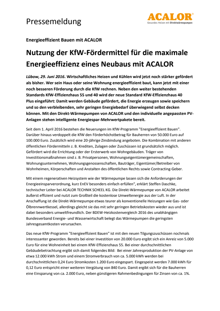 Nutzung der KfW-Fördermittel für die maximale Energieeffizienz eines Neubaus mit ACALOR