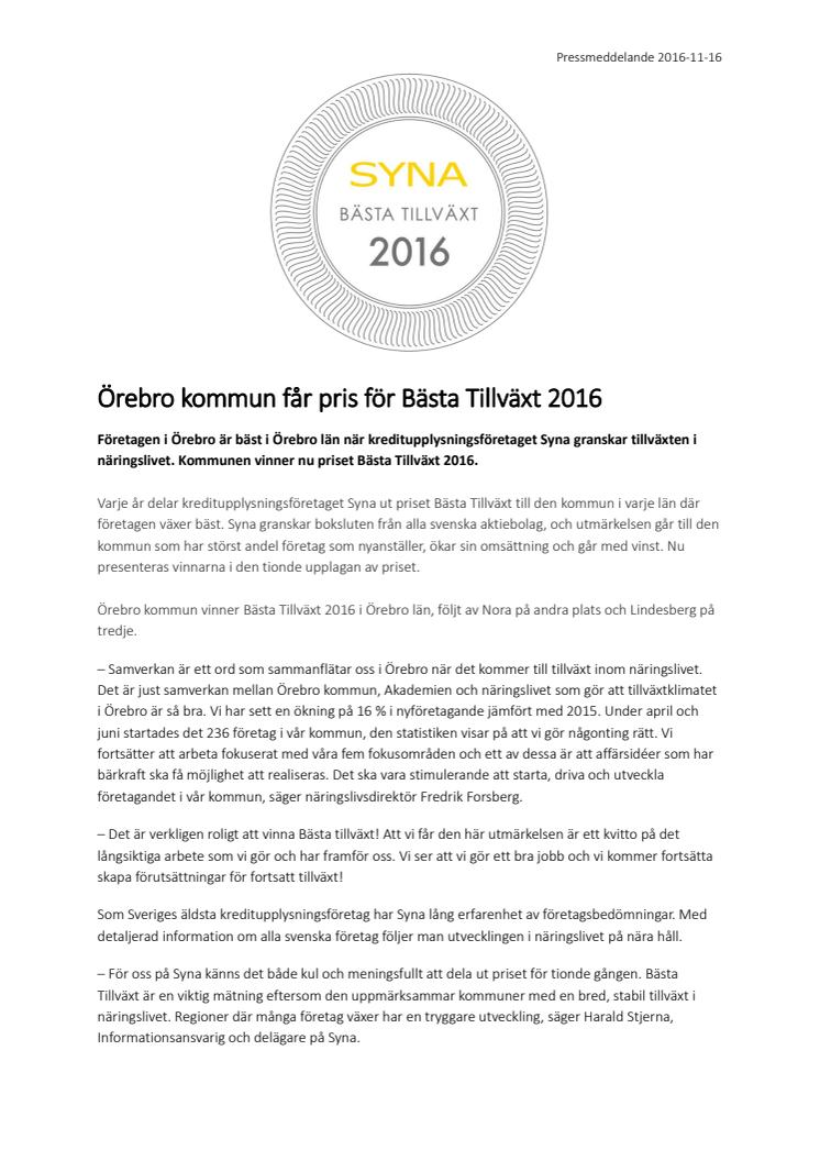 Örebro kommun får pris för Bästa Tillväxt 2016