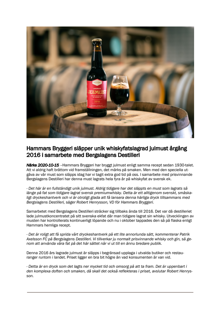 Hammars Bryggeri släpper unik whiskyfatslagrad julmust årgång 2016 i samarbete med Bergslagens Destilleri