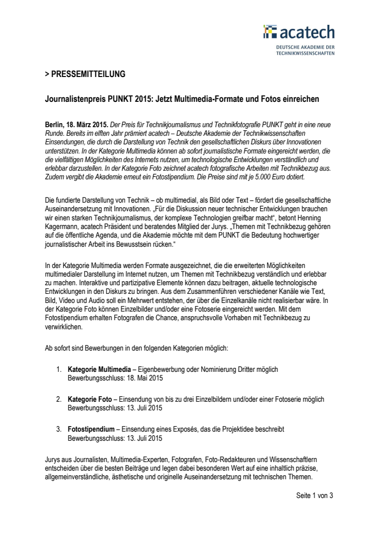 Journalistenpreis PUNKT 2015: Jetzt Multimedia-Formate und Fotos einreichen