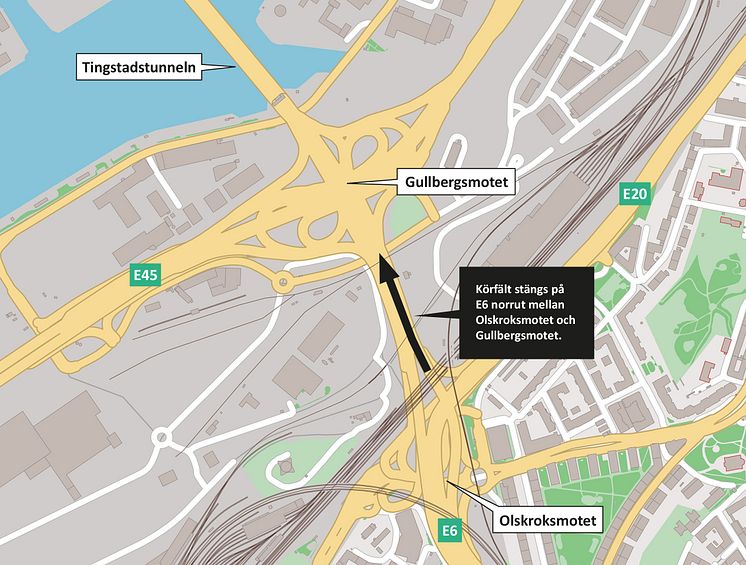 Körfält stängs på E6 norrut mellan Olskroksmotet och Gullbergsmotet