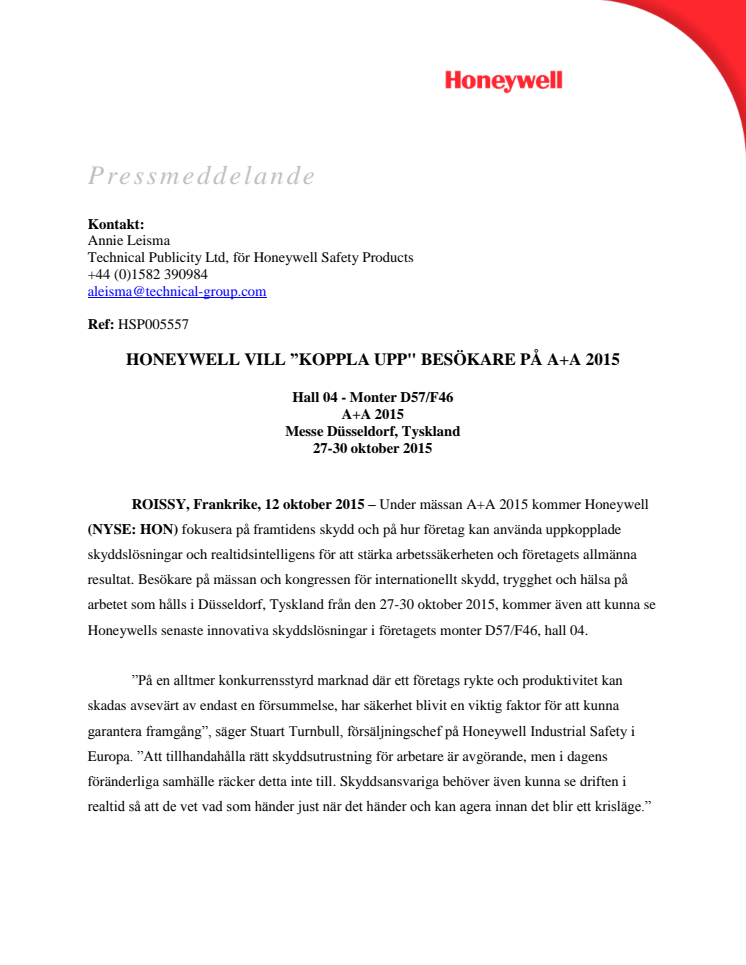 Honeywell vill ”koppla upp" besökare på A+A 2015